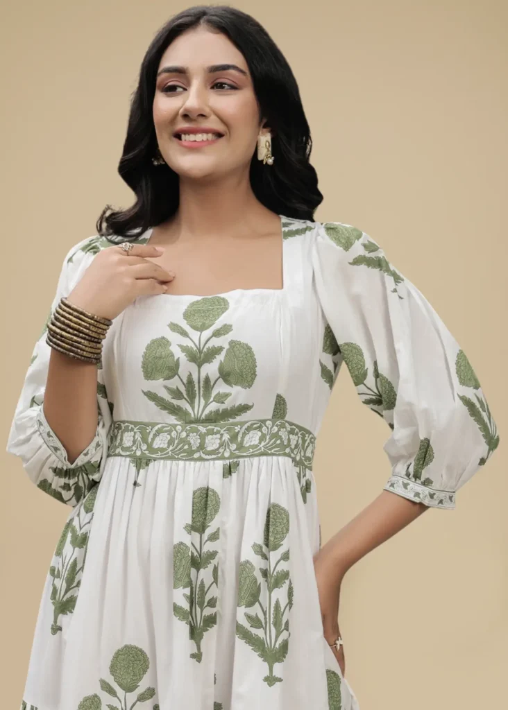 Sage Floral Handblock Printed Dress -feylora