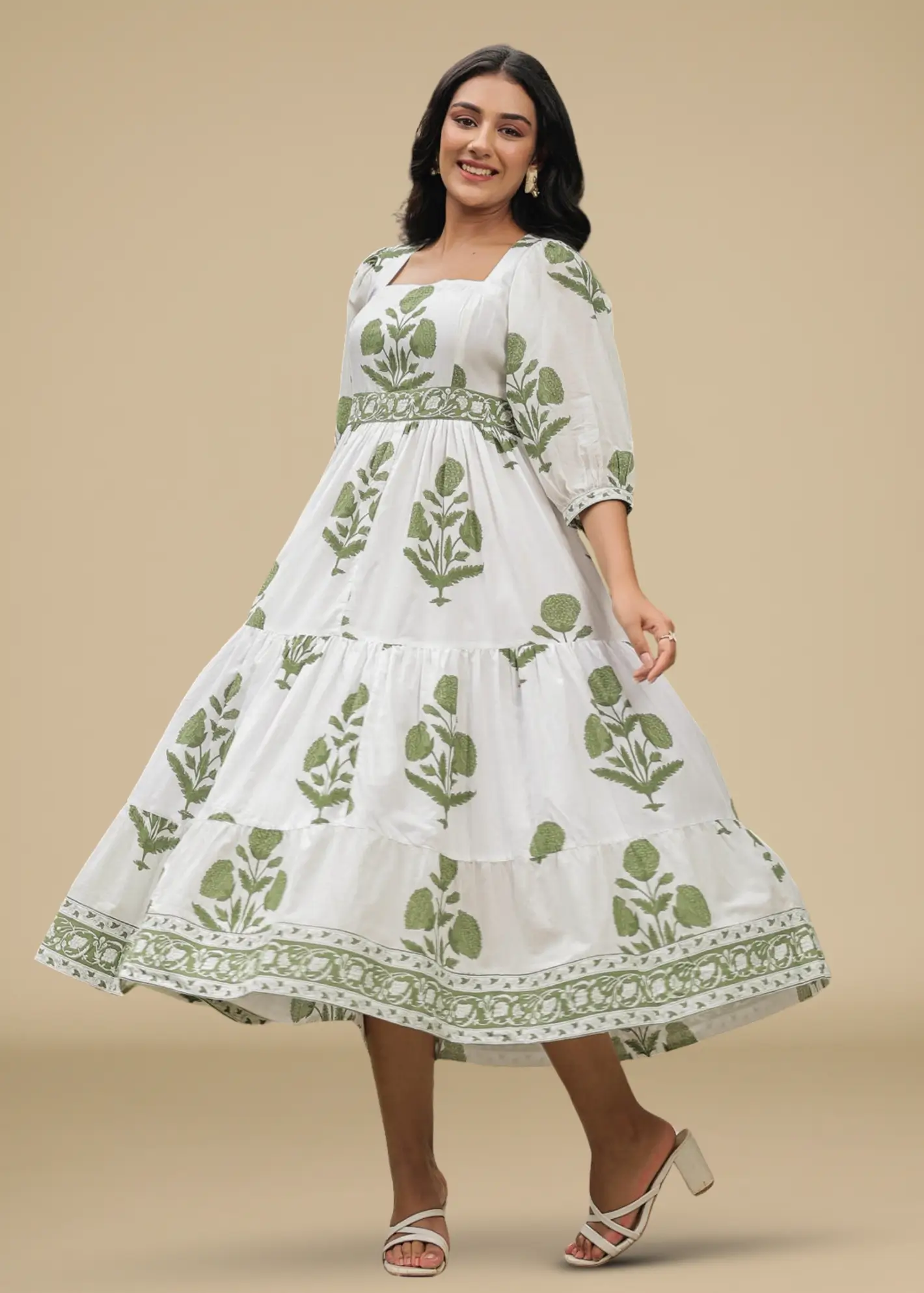 Sage Floral Handblock Printed Dress -feylora