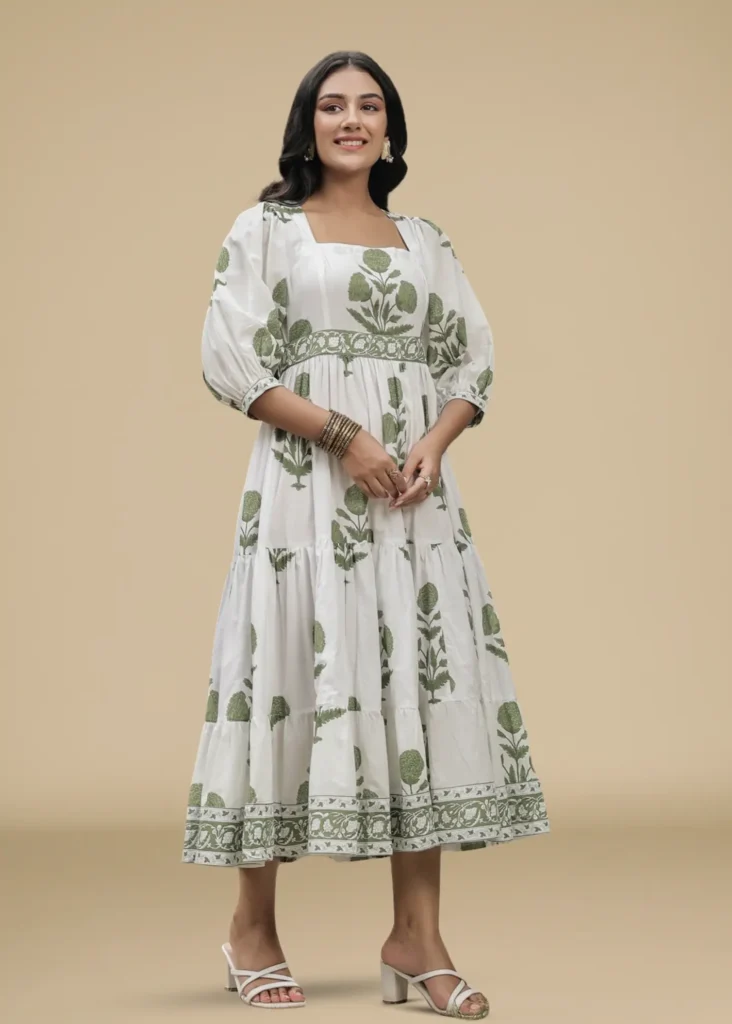 Sage Floral Handblock Printed Dress -feylora