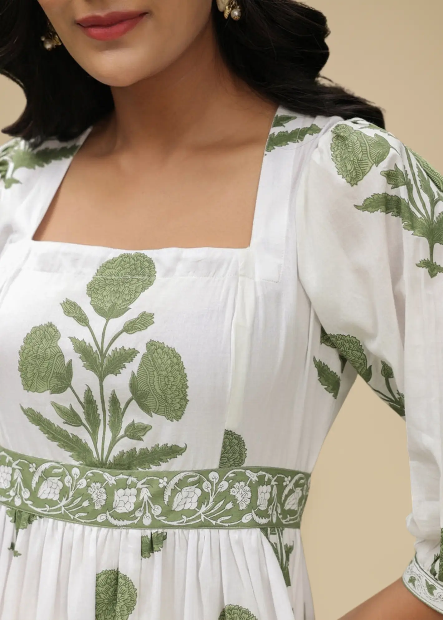 Sage Floral Handblock Printed Dress -feylora