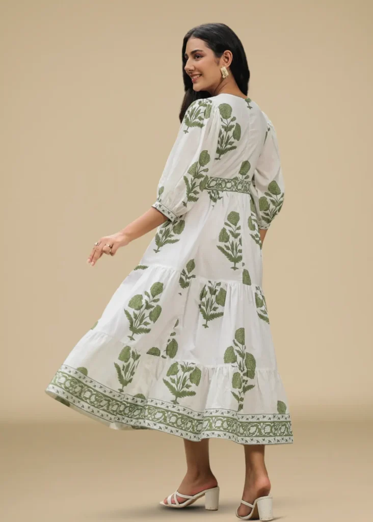 Sage Floral Handblock Printed Dress -feylora